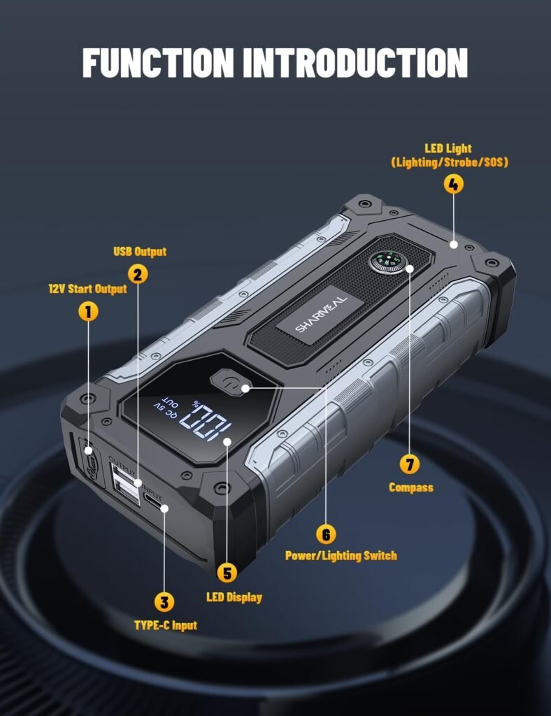 Sharmeal Car Jump Starter 5000A, Jump Starter Battery Pack for 10.0L Gas and 9.0L Diesel, 12V Portable Jump Box with LED Light
