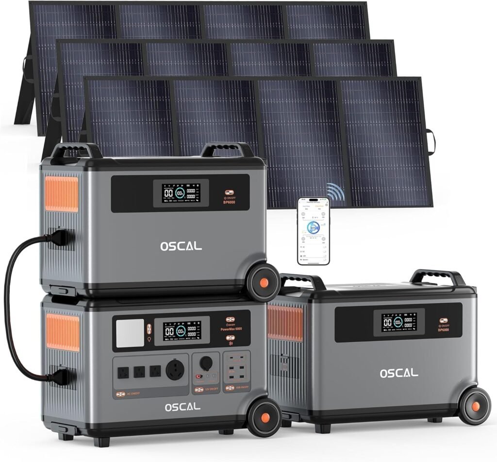 OSCAL 6000W Solar Generator, 10.8kWh Power Station with 3x400W Solar Panels, 4 AC Outlets(9000W Surge), 120V/240V Dual Voltage, LiFePO4 Battery for Home Backup Outdoors Camping RV Emergency Bank