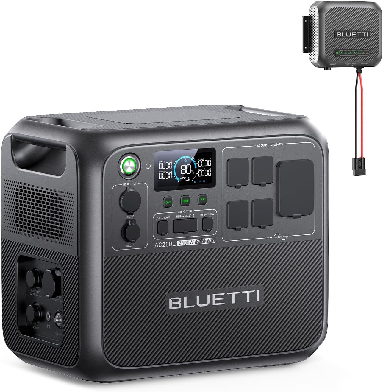 Bluetti ac200l portable power station 2048wh lifepo4 battery backup expandable to 8192wh w 4 2400w ac outlets 3600w powe