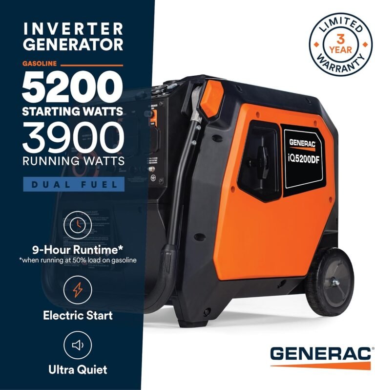 Generac 5200 watt dual fuel portable inverter generator gas and propane compatible quiet operation produces clean stable
