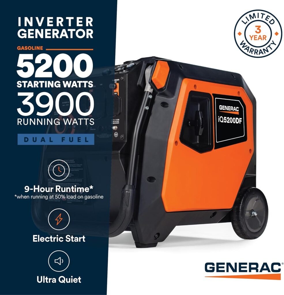 Generac 5,200-Watt Dual-Fuel Portable Inverter Generator - Gas and Propane Compatible - Quiet Operation - Produces Clean, Stable Power - Great for Home Backup, Camping, and RV Use