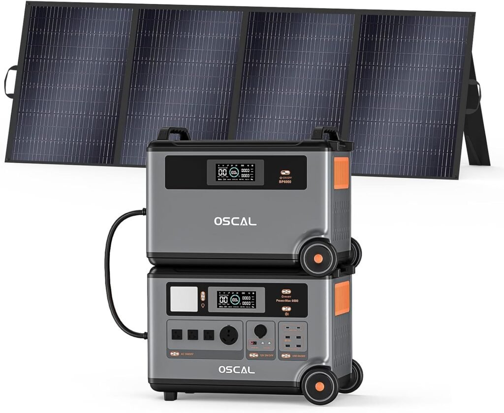 OSCAL PowerMax 6000 Solar Generator with 3×400W Solar Panel, 120V/240V Split Phase Voltage 6000W AC Outlets (9000W Peak), 2200W AC Charging/2400W Solar Charging, Emergency for Home, Battery Backup OSCAL PowerMax 6000 Solar Generator with 3×400W Solar Panel, 120V/240V Split Phase Voltage 6000W AC Outlets (9000W Peak), 2200W AC Charging/2400W Solar Charging, Emergency for Home, Battery Backup
