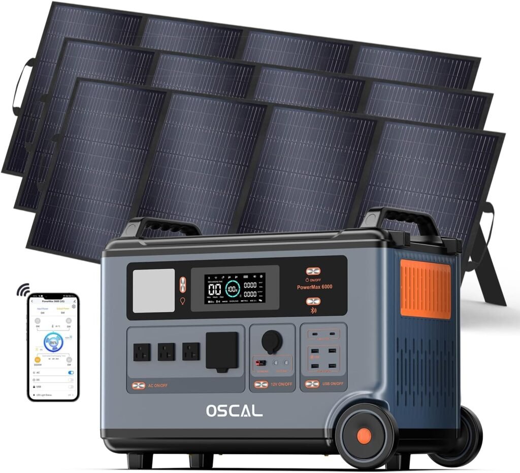 OSCAL PowerMax 6000 Solar Generator with 3×400W Solar Panel, 120V/240V Split Phase Voltage 6000W AC Outlets (9000W Peak), 2200W AC Charging/2400W Solar Charging, Emergency for Home, Battery Backup OSCAL PowerMax 6000 Solar Generator with 3×400W Solar Panel, 120V/240V Split Phase Voltage 6000W AC Outlets (9000W Peak), 2200W AC Charging/2400W Solar Charging, Emergency for Home, Battery Backup