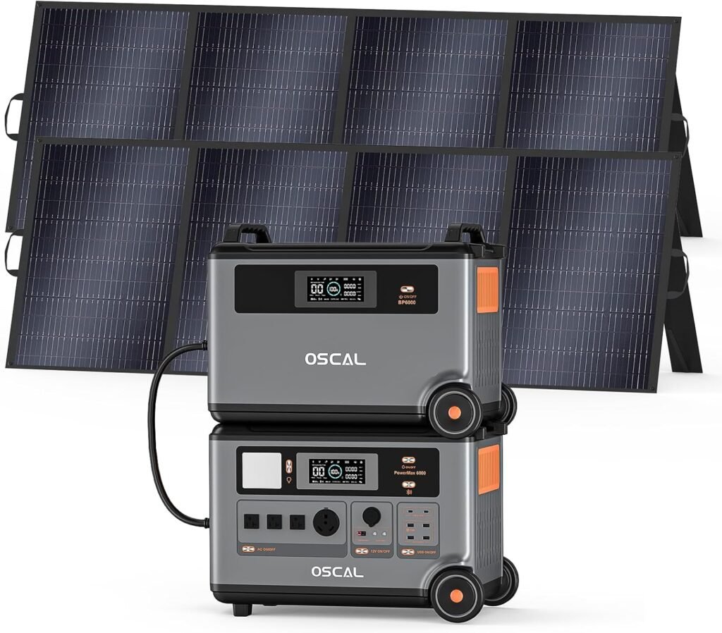OSCAL PowerMax 6000 Solar Generator with 3×400W Solar Panel, 120V/240V Split Phase Voltage 6000W AC Outlets (9000W Peak), 2200W AC Charging/2400W Solar Charging, Emergency for Home, Battery Backup OSCAL PowerMax 6000 Solar Generator with 3×400W Solar Panel, 120V/240V Split Phase Voltage 6000W AC Outlets (9000W Peak), 2200W AC Charging/2400W Solar Charging, Emergency for Home, Battery Backup