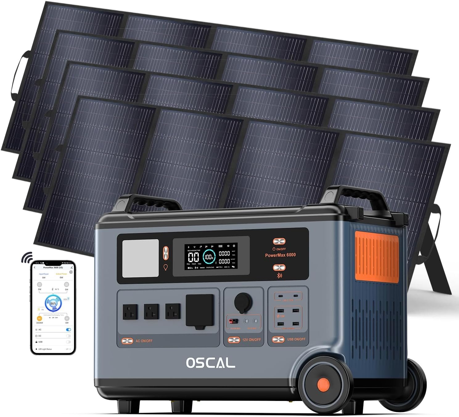 Oscal powermax 6000 solar generator with 3400w solar panel 120v240v split phase voltage 6000w ac outlets 9000w peak 2200