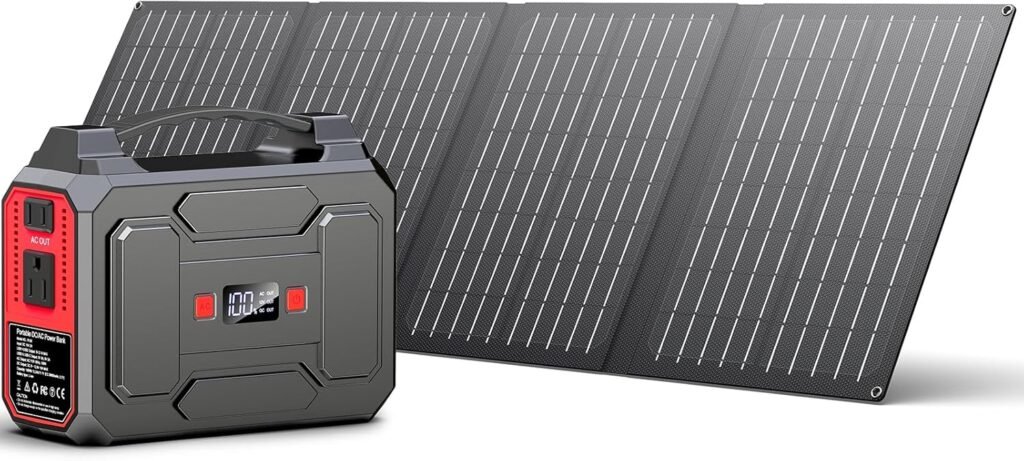 Solar Powered Generator 200W Peak/100W Rated, Portable Solar Generator Power Station with Solar Panels 40W Included, 146Wh Solar Power Bank with AC Outlet 110V for Home Use Camping Outdoor Adventure