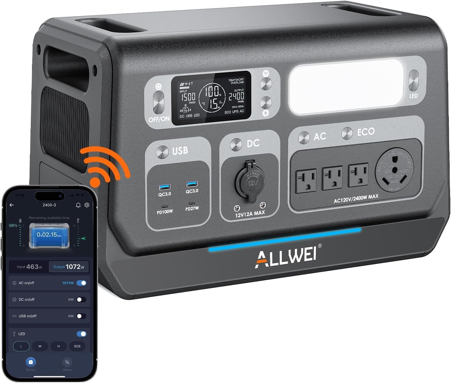 Allwei 2400w lifepo4 power station 2048wh solar generator with 1500w ac charging 1200w solar charging expandable to
