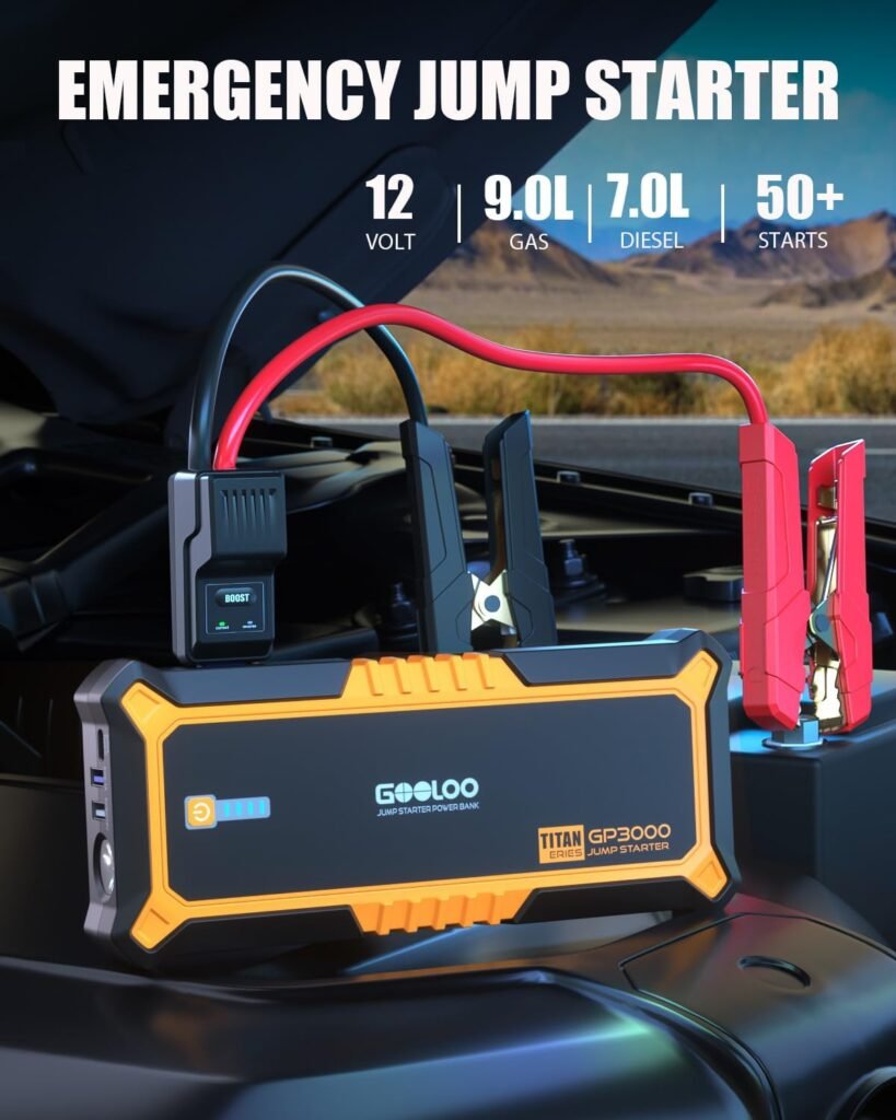 GOOLOO GP3000 3000A Jump Starter A3 Jump Starter with Air Compressor, 3000A Portable Car Battery Booster (9.0 Gas/6.5L Diesel) with 150PSI Auto-Shutoff Tire Inflator