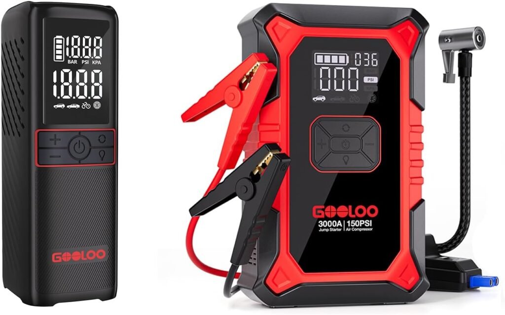 GOOLOO GT160 Tire Inflator A3 Jump Starter with Air Compressor, 3000A Portable Car Battery Booster (9.0 Gas/6.5L Diesel) with 150PSI Auto-Shutoff Tire Inflator