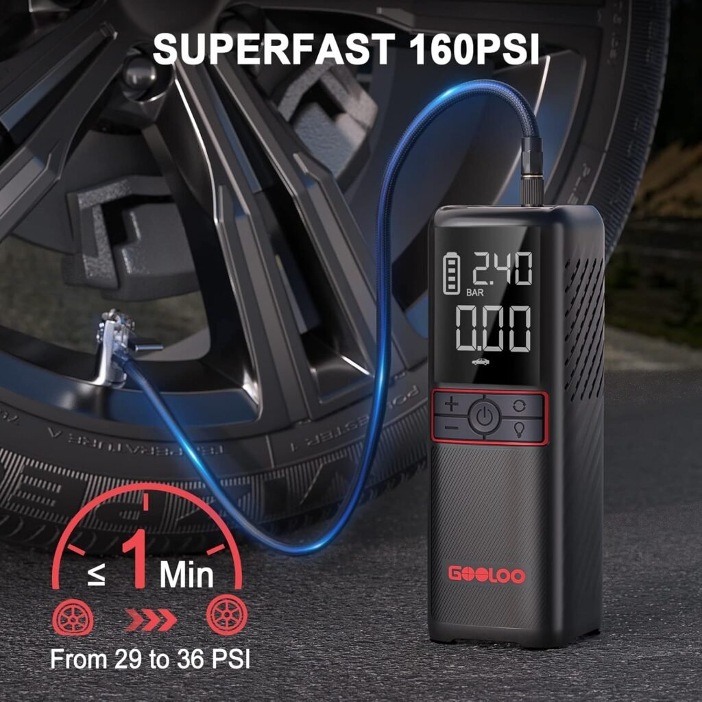 GOOLOO GT160 Tire Inflator A3 Jump Starter with Air Compressor, 3000A Portable Car Battery Booster (9.0 Gas/6.5L Diesel) with 150PSI Auto-Shutoff Tire Inflator