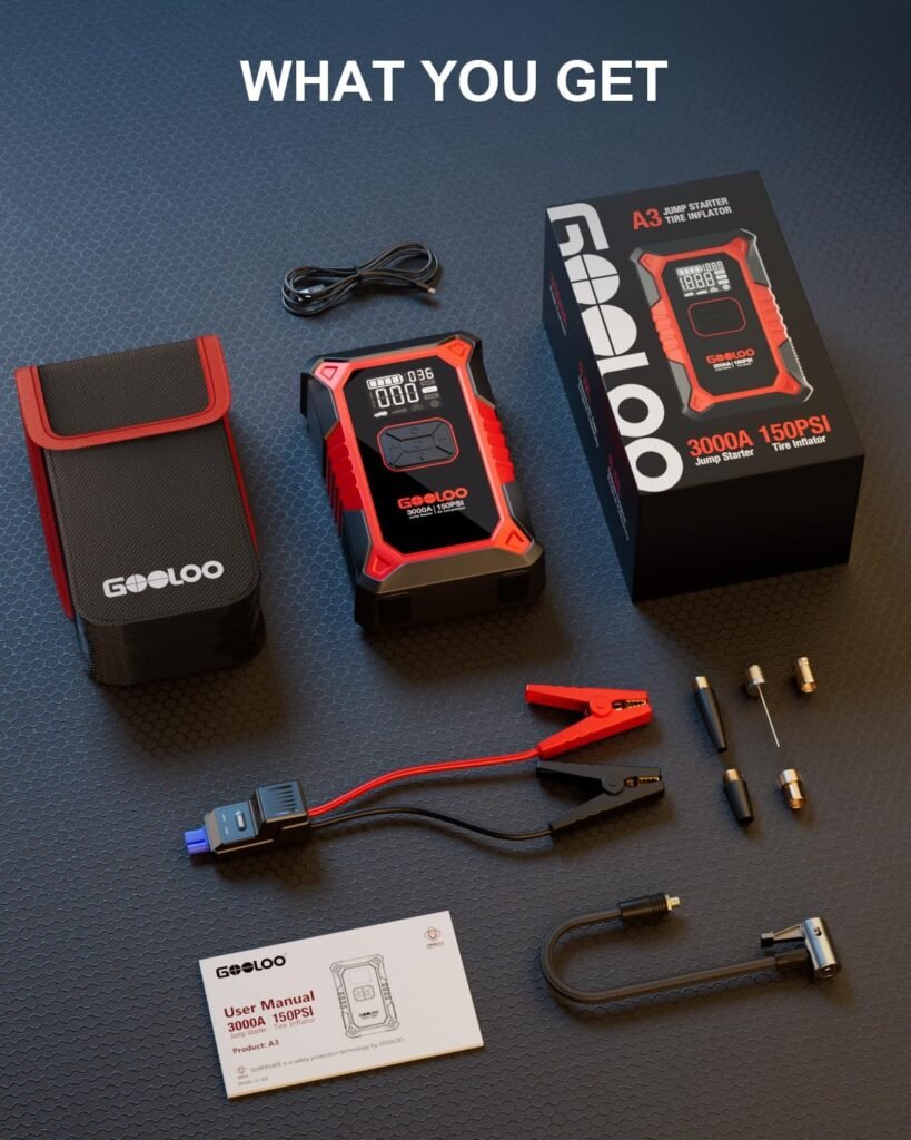 GOOLOO GT160 Tire Inflator A3 Jump Starter with Air Compressor, 3000A Portable Car Battery Booster (9.0 Gas/6.5L Diesel) with 150PSI Auto-Shutoff Tire Inflator