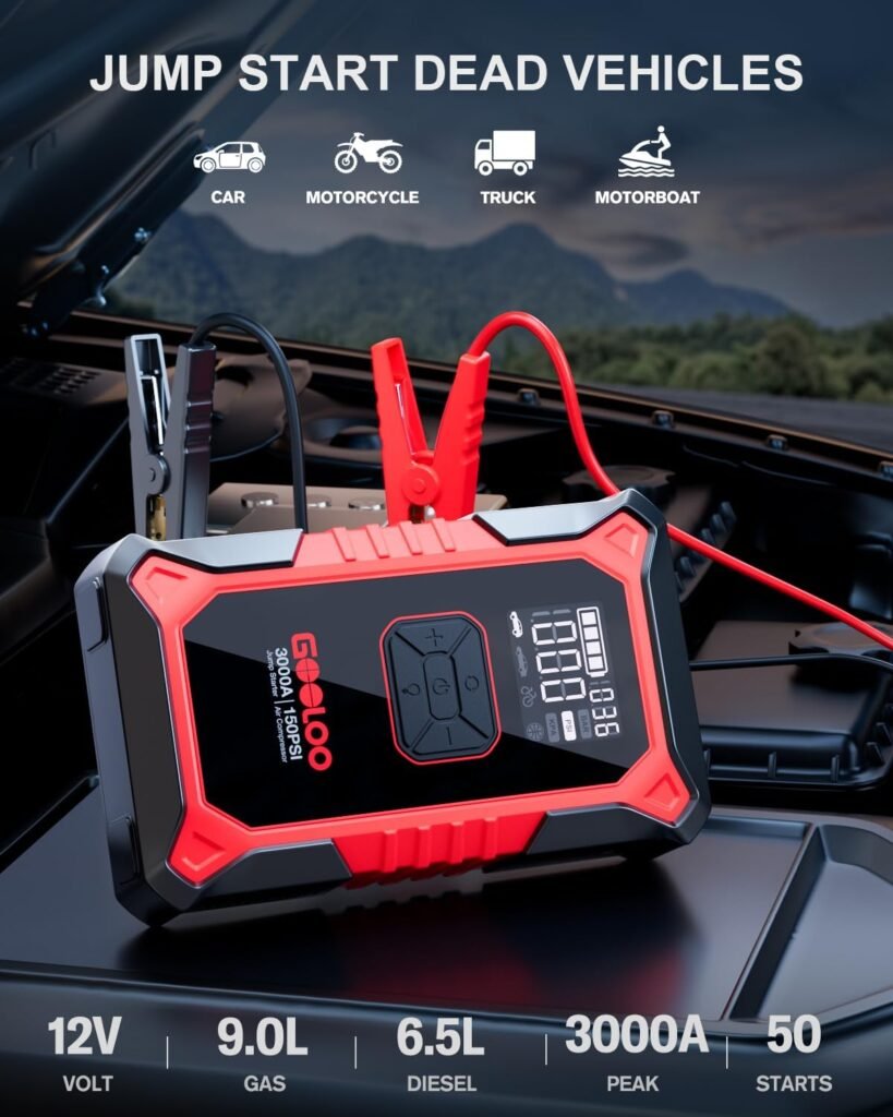 GOOLOO GT160 Tire Inflator A3 Jump Starter with Air Compressor, 3000A Portable Car Battery Booster (9.0 Gas/6.5L Diesel) with 150PSI Auto-Shutoff Tire Inflator