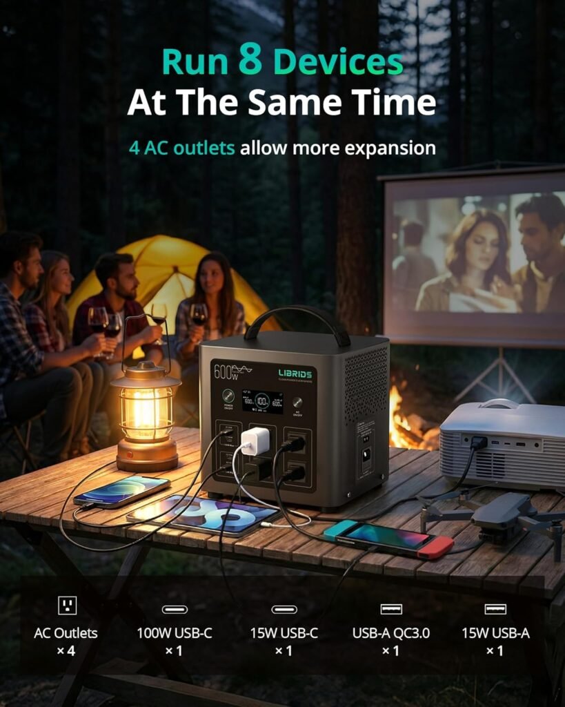 LIBRIDS Portable Power Station C600, 640Wh LiFePO4 Battery, 600W (Peak 1200W) Solar Generator, 1.5H Fast Charge, 10ms UPS, Ports(4 AC) for Camping, Home Backup  Outages
