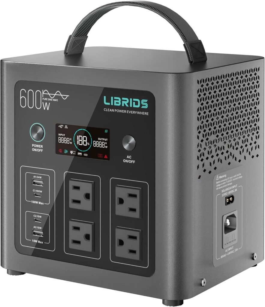 LIBRIDS Portable Power Station C600, 640Wh LiFePO4 Battery, 600W (Peak 1200W) Solar Generator, 1.5H Fast Charge, 10ms UPS, Ports(4 AC) for Camping, Home Backup  Outages