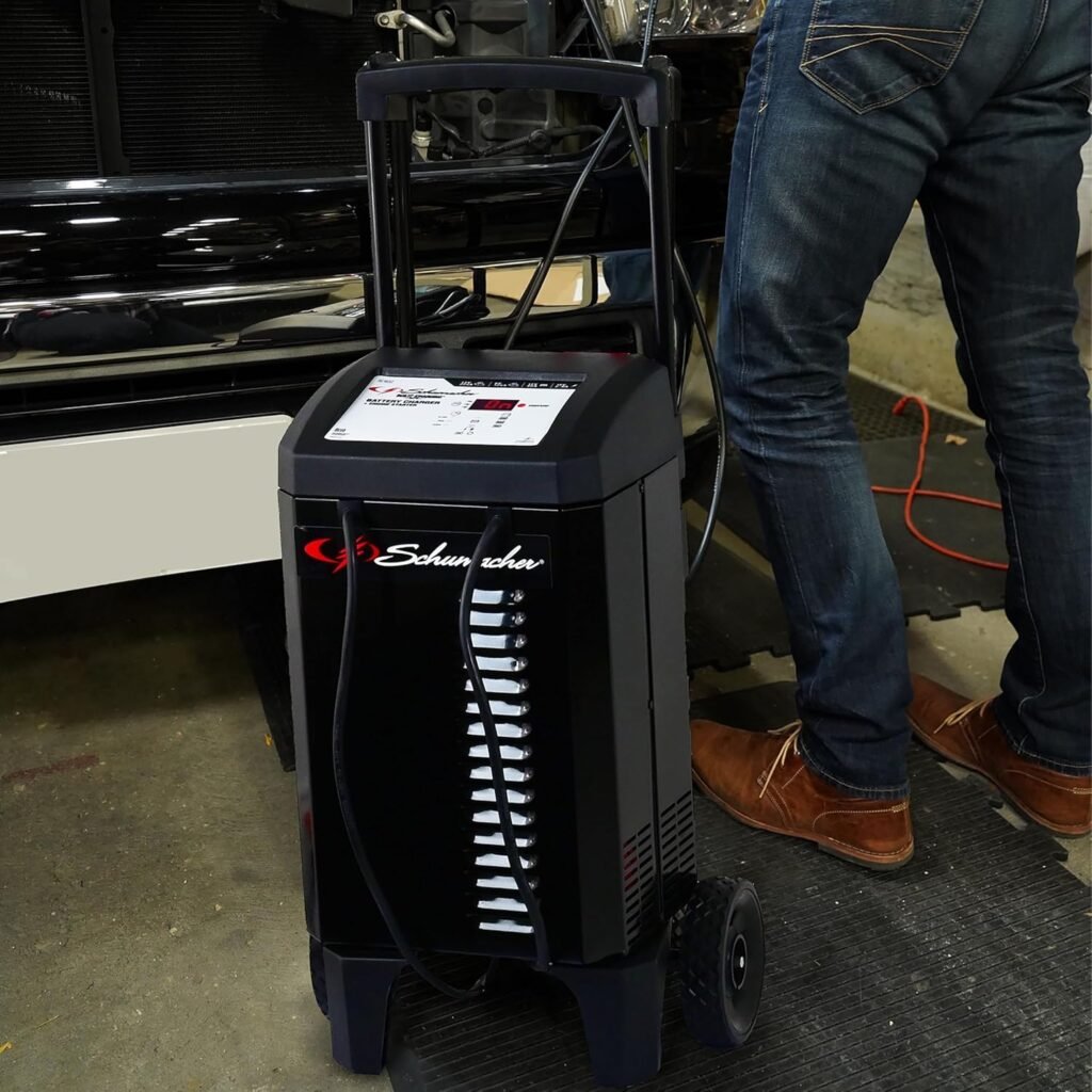Schumacher Electric Wheeled Automatic 6A Car Battery Charger and 225A Engine Starter, 4-in-1 Solution for 6V/12V Batteries, Maintainer, 40A Boost, for Automotive and Marine Batteries, SC1632 Schumacher Electric Wheeled Automatic 6A Car Battery Charger and 225A Engine Starter, 4-in-1 Solution for 6V/12V Batteries, Maintainer, 40A Boost, for Automotive and Marine Batteries, SC1632
