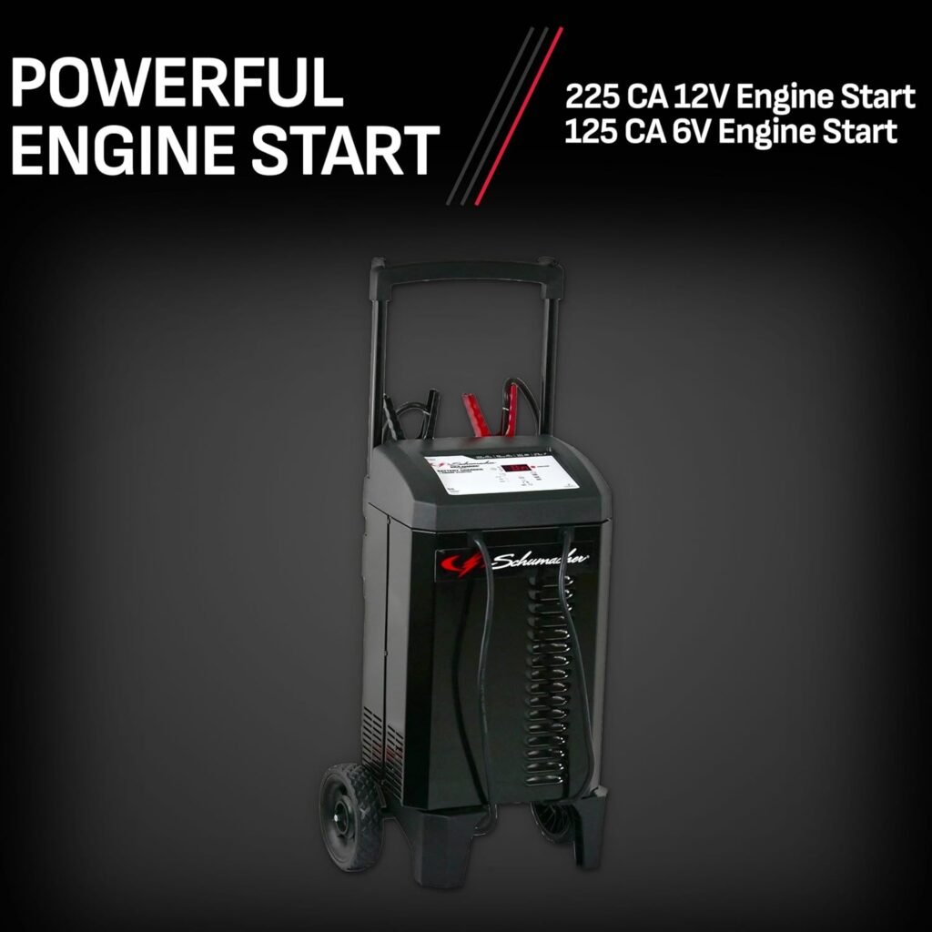 Schumacher Electric Wheeled Automatic 6A Car Battery Charger and 225A Engine Starter, 4-in-1 Solution for 6V/12V Batteries, Maintainer, 40A Boost, for Automotive and Marine Batteries, SC1632 Schumacher Electric Wheeled Automatic 6A Car Battery Charger and 225A Engine Starter, 4-in-1 Solution for 6V/12V Batteries, Maintainer, 40A Boost, for Automotive and Marine Batteries, SC1632