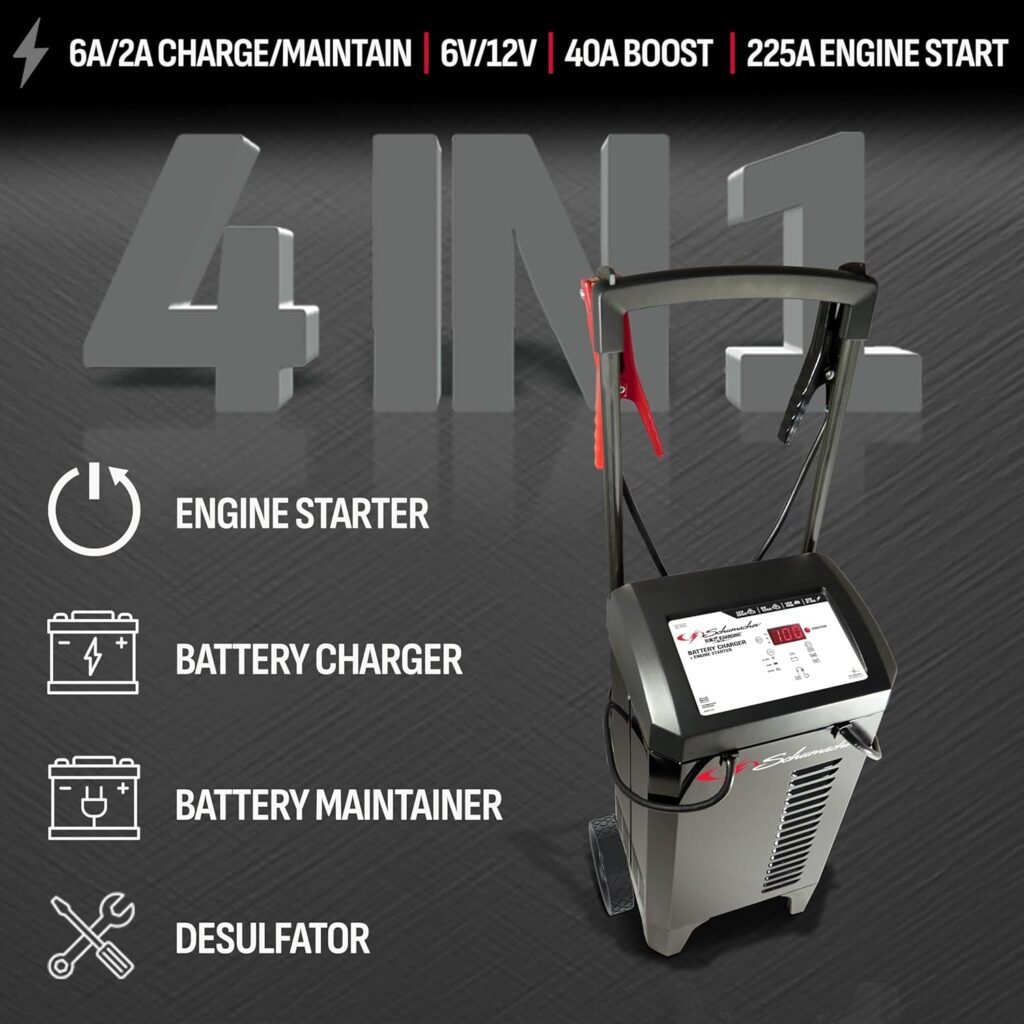 Schumacher Electric Wheeled Automatic 6A Car Battery Charger and 225A Engine Starter, 4-in-1 Solution for 6V/12V Batteries, Maintainer, 40A Boost, for Automotive and Marine Batteries, SC1632 Schumacher Electric Wheeled Automatic 6A Car Battery Charger and 225A Engine Starter, 4-in-1 Solution for 6V/12V Batteries, Maintainer, 40A Boost, for Automotive and Marine Batteries, SC1632