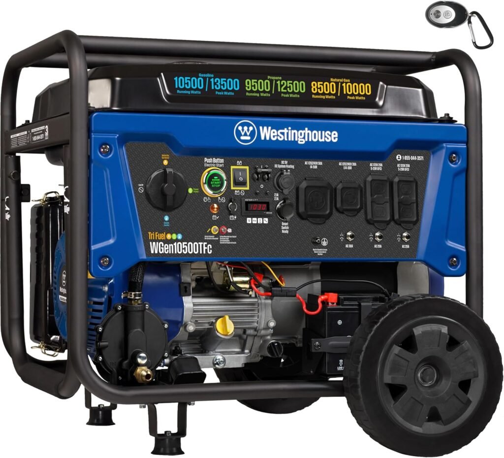 Westinghouse Peak Watt Tri-Fuel Home Backup Portable Generator, Remote Electric Start, Transfer Switch Ready, Gas, Propane, and Natural Gas Powered Westinghouse Peak Watt Tri-Fuel Home Backup Portable Generator, Remote Electric Start, Transfer Switch Ready, Gas, Propane, and Natural Gas Powered