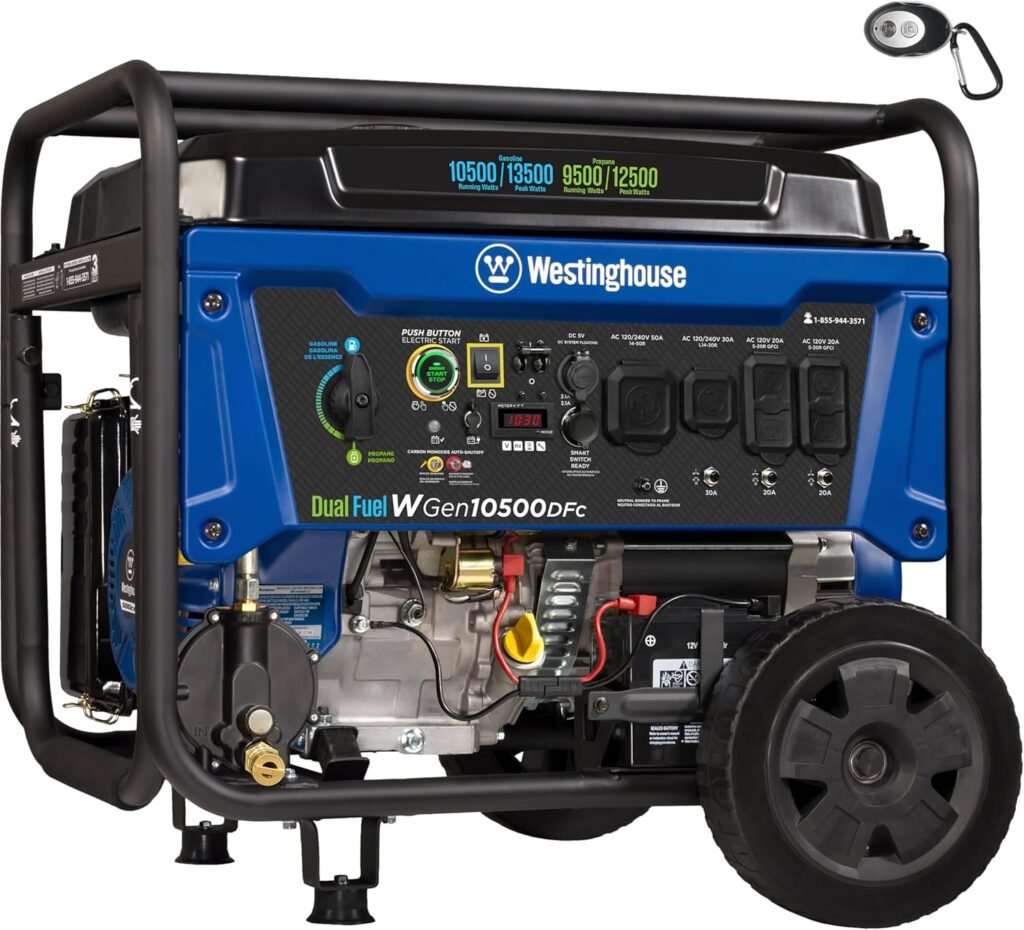 Westinghouse Peak Watt Tri-Fuel Home Backup Portable Generator, Remote Electric Start, Transfer Switch Ready, Gas, Propane, and Natural Gas Powered Westinghouse Peak Watt Tri-Fuel Home Backup Portable Generator, Remote Electric Start, Transfer Switch Ready, Gas, Propane, and Natural Gas Powered
