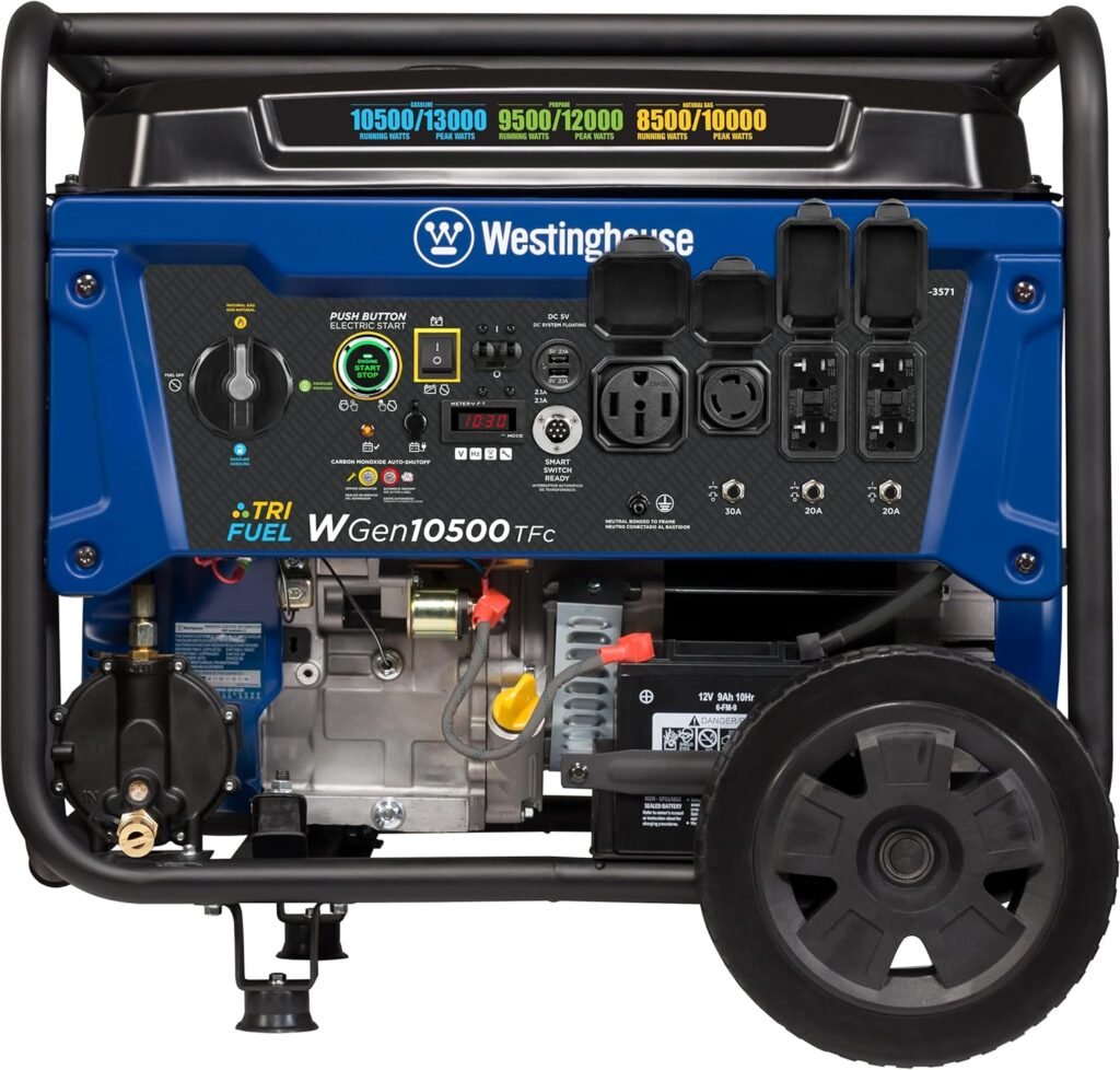 Westinghouse Peak Watt Tri-Fuel Home Backup Portable Generator, Remote Electric Start, Transfer Switch Ready, Gas, Propane, and Natural Gas Powered Westinghouse Peak Watt Tri-Fuel Home Backup Portable Generator, Remote Electric Start, Transfer Switch Ready, Gas, Propane, and Natural Gas Powered