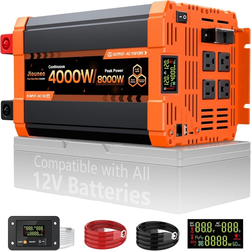 2000W Pure Sine Wave Inverter, 12V DC to 120V AC Power Inverter, 4000W Peak for RV, Truck, Solar, Camping, Home Backup Use, with AC Outlets, Remote Control, Dual LCD Display, Hardwire Port 2000W Pure Sine Wave Inverter, 12V DC to 120V AC Power Inverter, 4000W Peak for RV, Truck, Solar, Camping, Home Backup Use, with AC Outlets, Remote Control, Dual LCD Display, Hardwire Port