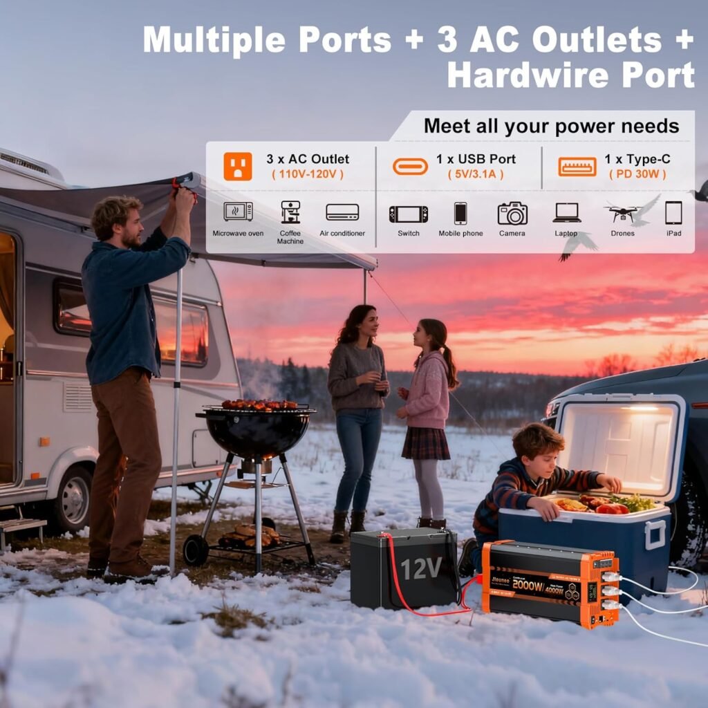 2000W Pure Sine Wave Inverter, 12V DC to 120V AC Power Inverter, 4000W Peak for RV, Truck, Solar, Camping, Home Backup Use, with AC Outlets, Remote Control, Dual LCD Display, Hardwire Port 2000W Pure Sine Wave Inverter, 12V DC to 120V AC Power Inverter, 4000W Peak for RV, Truck, Solar, Camping, Home Backup Use, with AC Outlets, Remote Control, Dual LCD Display, Hardwire Port