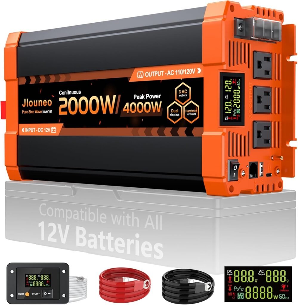 2000W Pure Sine Wave Inverter, 12V DC to 120V AC Power Inverter, 4000W Peak for RV, Truck, Solar, Camping, Home Backup Use, with AC Outlets, Remote Control, Dual LCD Display, Hardwire Port 2000W Pure Sine Wave Inverter, 12V DC to 120V AC Power Inverter, 4000W Peak for RV, Truck, Solar, Camping, Home Backup Use, with AC Outlets, Remote Control, Dual LCD Display, Hardwire Port