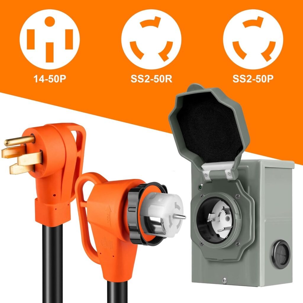 25FT Amp Generator Cord and Power Inlet Box Kit, NEMA 14-50P to SS2-50R Generator Extension Cord, Pre-Drilled Amp Generator Inlet Box with STW Wire,/250V, 12500W;ULETL Listed