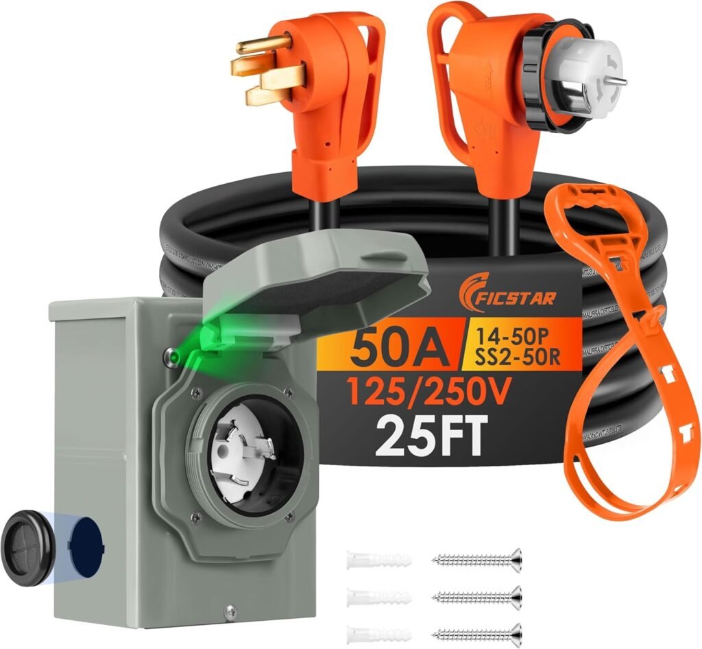 25FT Amp Generator Cord and Power Inlet Box Kit, NEMA 14-50P to SS2-50R Generator Extension Cord, Pre-Drilled Amp Generator Inlet Box with STW Wire,/250V, 12500W;ULETL Listed