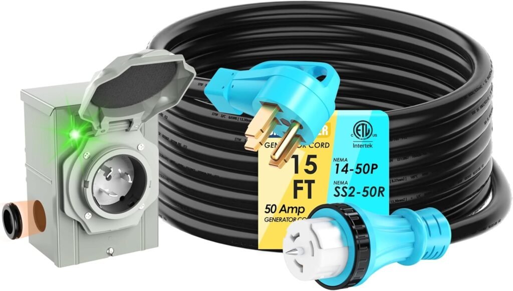 50 Amp 15Feet Generator Cord and Power Inlet Box Combo Kit NEMA 14-50P Male to SS2-50R STW/3+8/1 AWG/250V Twist Locking with Inlet Box for Generator to House 50 Amp 15Feet Generator Cord and Power Inlet Box Combo Kit NEMA 14-50P Male to SS2-50R STW/3+8/1 AWG/250V Twist Locking with Inlet Box for Generator to House