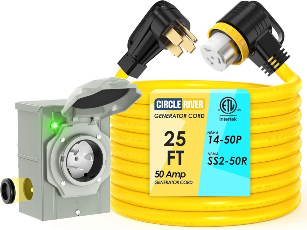 50 Amp 15Feet Generator Cord and Power Inlet Box Combo Kit NEMA 14-50P Male to SS2-50R STW/3+8/1 AWG/250V Twist Locking with Inlet Box for Generator to House 50 Amp 15Feet Generator Cord and Power Inlet Box Combo Kit NEMA 14-50P Male to SS2-50R STW/3+8/1 AWG/250V Twist Locking with Inlet Box for Generator to House