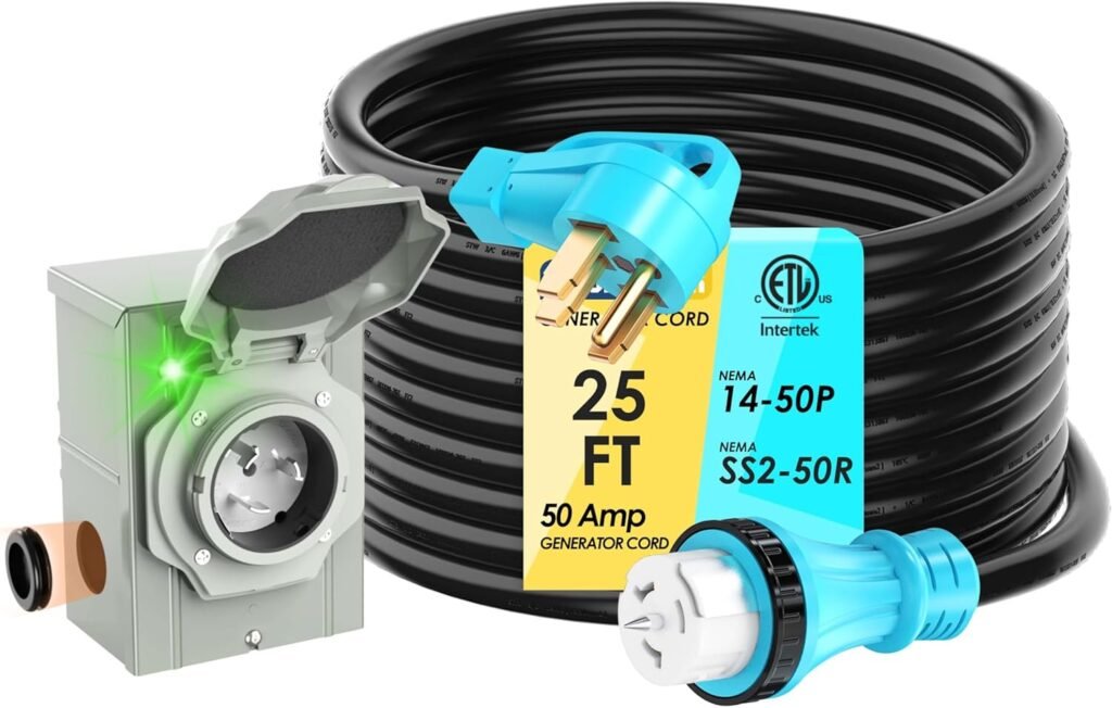 50 Amp 50FT Generator Cord and Power Inlet Box Combo Kit NEMA 14-50P Male to SS2-50R STW/3+8/1 AWG/250V Newly Designed Degree Grip Handle for Generator to House
