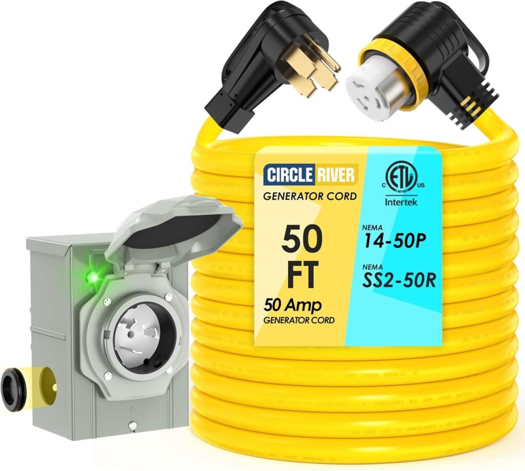 50 Amp 50FT Generator Cord and Power Inlet Box Combo Kit NEMA 14-50P Male to SS2-50R STW/3+8/1 AWG/250V Newly Designed Degree Grip Handle for Generator to House