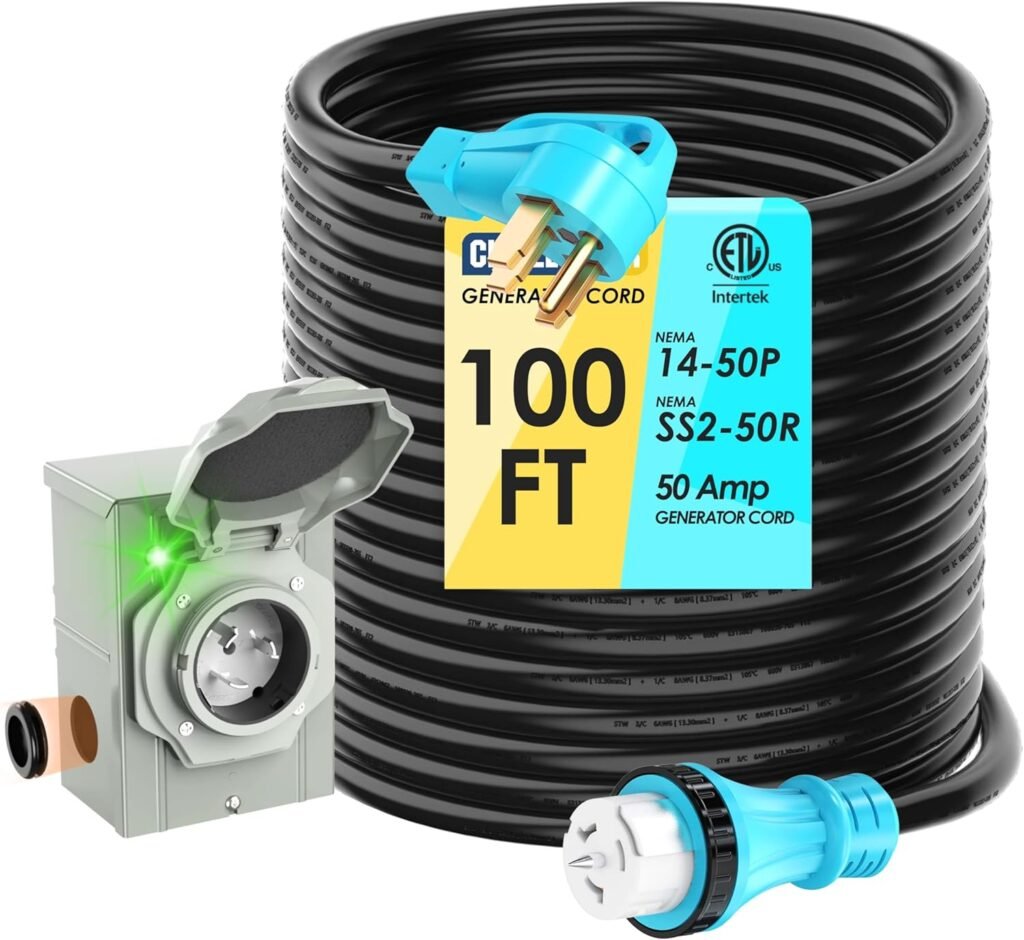 50 Amp 50FT Generator Cord and Power Inlet Box Combo Kit NEMA 14-50P Male to SS2-50R STW/3+8/1 AWG/250V Newly Designed Degree Grip Handle for Generator to House
