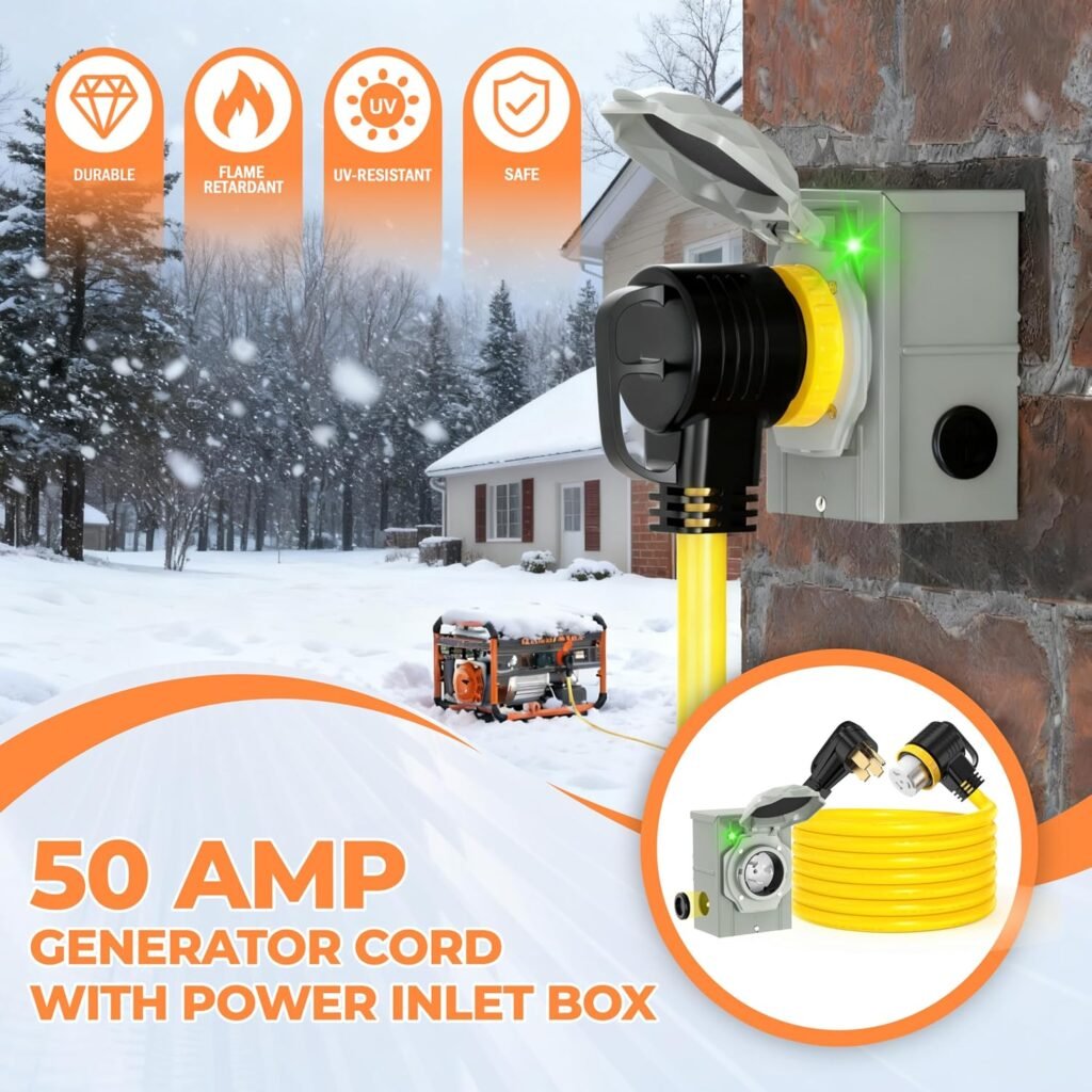 50 Amp 50FT Generator Cord and Power Inlet Box Combo Kit NEMA 14-50P Male to SS2-50R STW/3+8/1 AWG/250V Newly Designed Degree Grip Handle for Generator to House