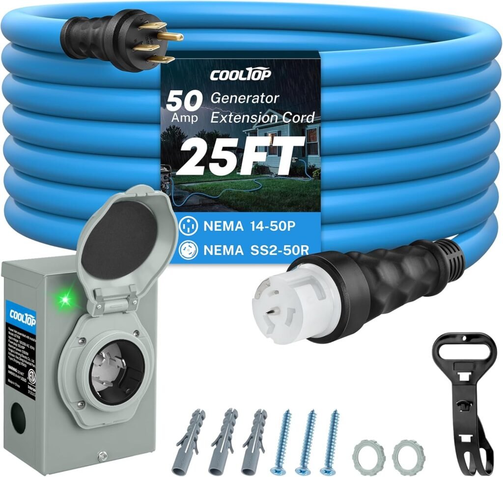 COOLTOP Amp Generator Cord and Power Inlet Box Kit, 25FT Extension Cable STW/3+8/1 AWG Generator Cord/250V NEMA 14-50P to SS2-50R Pre-Drilled Inlet Box Waterproof Combo Kit, ETL Listed COOLTOP Amp Generator Cord and Power Inlet Box Kit, 25FT Extension Cable STW/3+8/1 AWG Generator Cord/250V NEMA 14-50P to SS2-50R Pre-Drilled Inlet Box Waterproof Combo Kit, ETL Listed