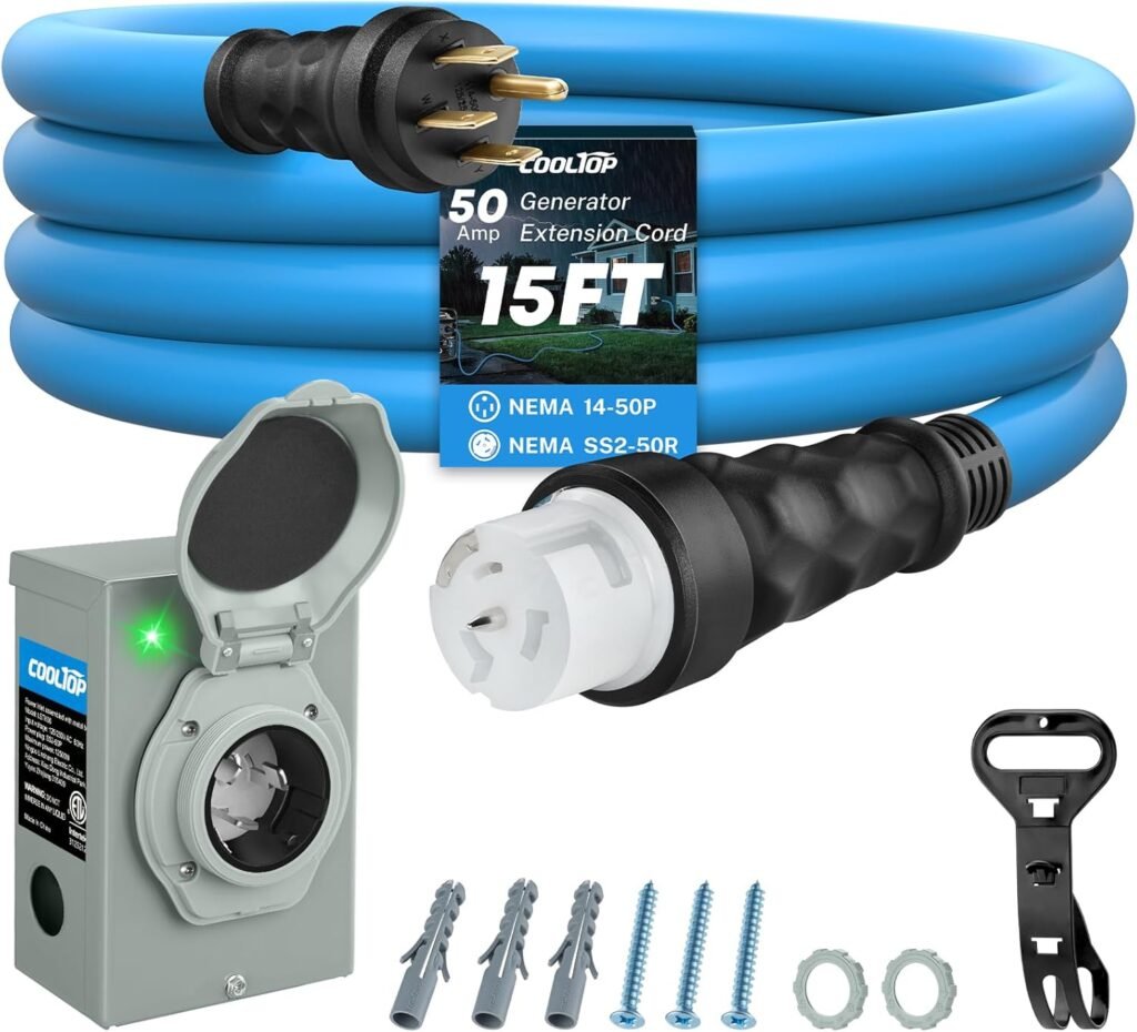 COOLTOP Amp Generator Cord and Power Inlet Box Kit, 25FT Extension Cable STW/3+8/1 AWG Generator Cord/250V NEMA 14-50P to SS2-50R Pre-Drilled Inlet Box Waterproof Combo Kit, ETL Listed COOLTOP Amp Generator Cord and Power Inlet Box Kit, 25FT Extension Cable STW/3+8/1 AWG Generator Cord/250V NEMA 14-50P to SS2-50R Pre-Drilled Inlet Box Waterproof Combo Kit, ETL Listed