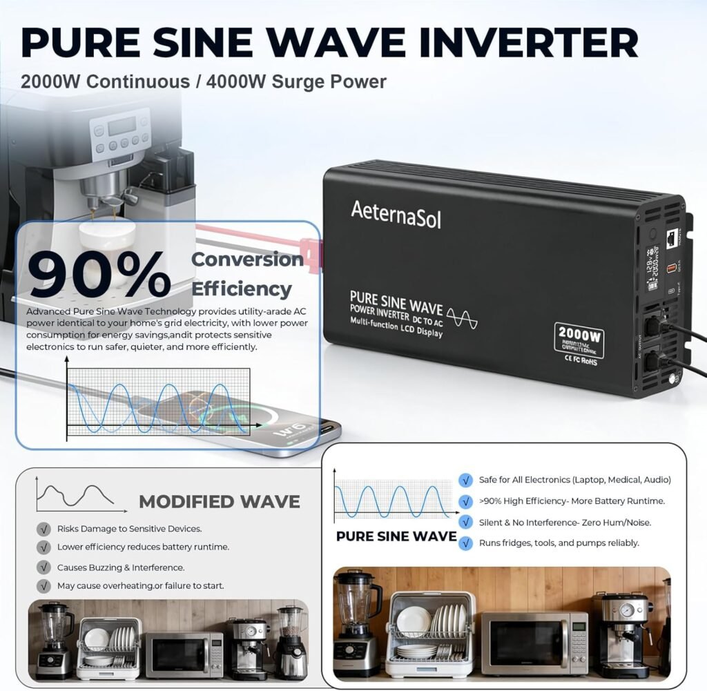 Pure Sine Wave Inverter watt Inverter DC 12V to AC 110-120V, Power Inverter for RV Truck Home Backup Solar with AC Output, USBType-C, LCD Remote Monitor, Surge 4000W Pure Sine Wave Inverter watt Inverter DC 12V to AC 110-120V, Power Inverter for RV Truck Home Backup Solar with AC Output, USBType-C, LCD Remote Monitor, Surge 4000W