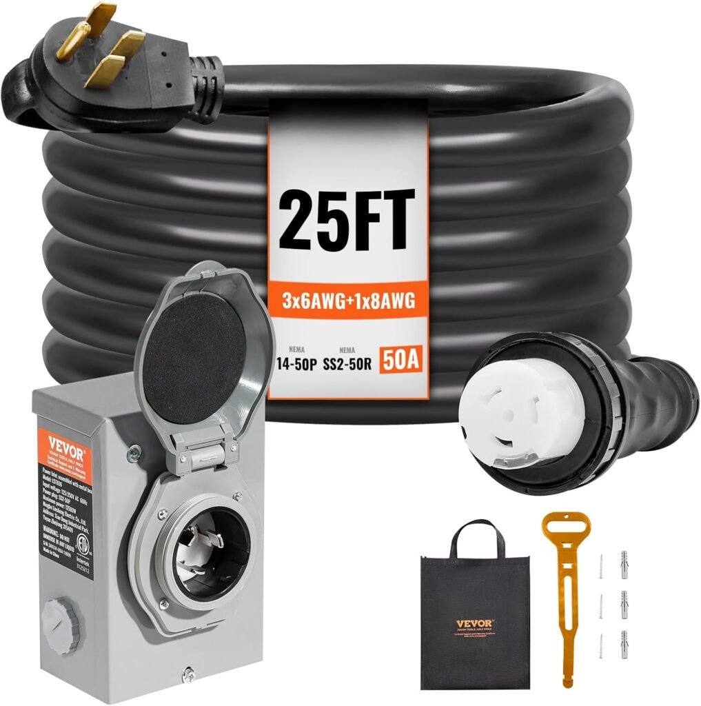 VEVOR Amp Generator Cord and Power Inlet Box Kit, 25FT Generator Extension Cord NEMA 14-50P/SS2-50R STW/3+8/1 AWG with Twist Lock Connector, Pre-Drilled Inlet Box, ETL Listed VEVOR Amp Generator Cord and Power Inlet Box Kit, 25FT Generator Extension Cord NEMA 14-50P/SS2-50R STW/3+8/1 AWG with Twist Lock Connector, Pre-Drilled Inlet Box, ETL Listed