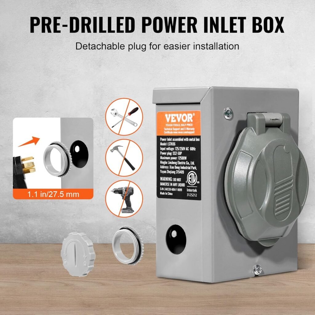 VEVOR Amp Generator Cord and Power Inlet Box Kit, 25FT Generator Extension Cord NEMA 14-50P/SS2-50R STW/3+8/1 AWG with Twist Lock Connector, Pre-Drilled Inlet Box, ETL Listed VEVOR Amp Generator Cord and Power Inlet Box Kit, 25FT Generator Extension Cord NEMA 14-50P/SS2-50R STW/3+8/1 AWG with Twist Lock Connector, Pre-Drilled Inlet Box, ETL Listed