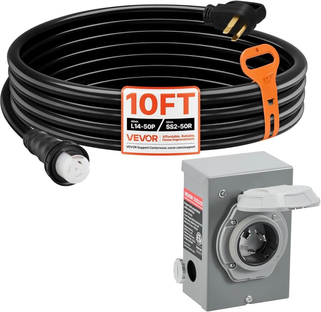 VEVOR Amp Generator Cord and Power Inlet Box Kit, 25FT Generator Extension Cord NEMA 14-50P/SS2-50R STW/3+8/1 AWG with Twist Lock Connector, Pre-Drilled Inlet Box, ETL Listed VEVOR Amp Generator Cord and Power Inlet Box Kit, 25FT Generator Extension Cord NEMA 14-50P/SS2-50R STW/3+8/1 AWG with Twist Lock Connector, Pre-Drilled Inlet Box, ETL Listed