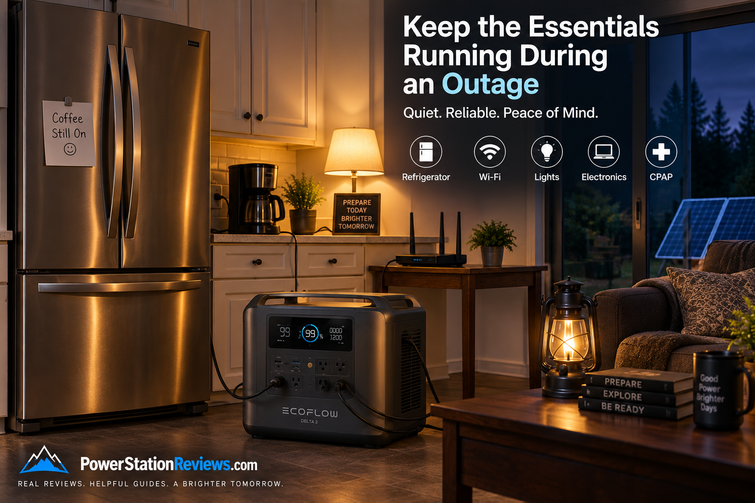 Solar generator powering refrigerator and essential home appliances during a power outage