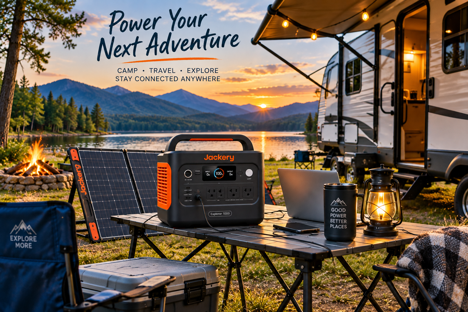 Portable solar generator with solar panels powering an RV campsite near a mountain lake