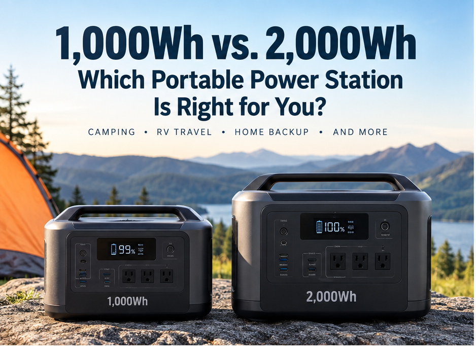 1,000Wh and 2,000Wh portable power stations compared beside a mountain camping scene.