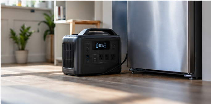 A properly sized power station may provide temporary backup power for a refrigerator.